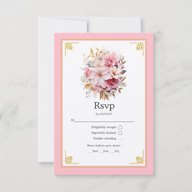 Tarjeta De Confirmación De Asistencia Boda floral rosa y dorada (Anverso)