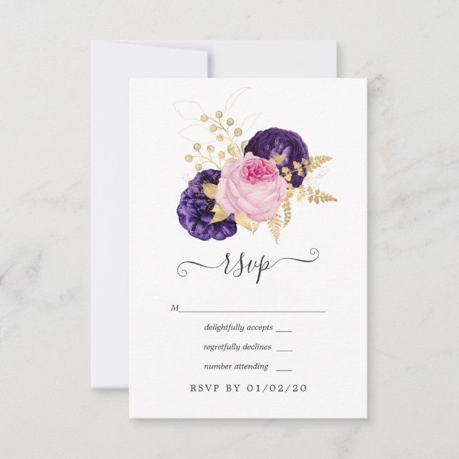 Tarjeta De Confirmación De Asistencia Boda floral rosa y púrpura (Anverso)