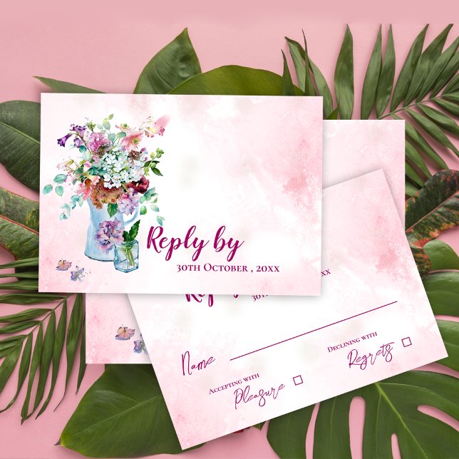 Tarjeta De Confirmación De Asistencia Boda floral rosada de acuarela rusa (Rustic Watercolor Wildflower Pink Floral Wedding RSVP Card)