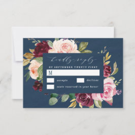 Tarjeta De Confirmación De Asistencia Boda floral rosada Rubor Blue Burgundy Gold