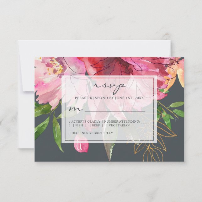 Tarjeta De Confirmación De Asistencia Boda floral Ruby Pink Peony (Anverso)