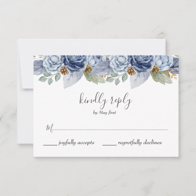 Tarjeta De Confirmación De Asistencia Boda Floral Rustic Blue Winter (Anverso)