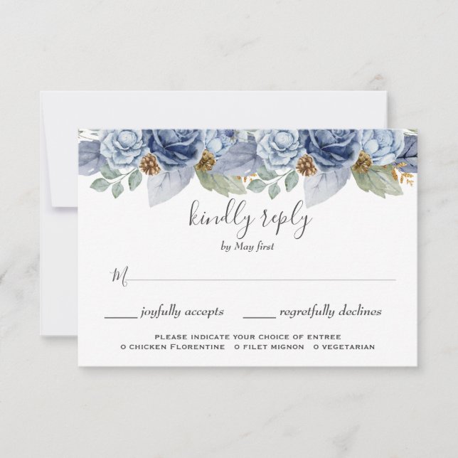 Tarjeta De Confirmación De Asistencia Boda Floral Rustic Blue Winter (Anverso)