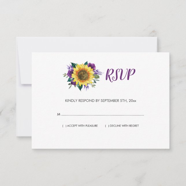 Tarjeta De Confirmación De Asistencia Boda floral Rustic Sunflower Purple Rosa (Anverso)
