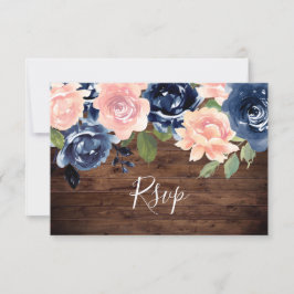Tarjeta De Confirmación De Asistencia Boda floral Rustic Wood Rubor & Navy Watercolor