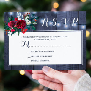 Tarjeta De Confirmación De Asistencia Boda floral rústica de invierno en azul marino y b