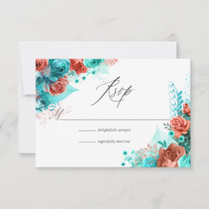 Tarjeta De Confirmación De Asistencia Boda floral rústica turquesa y coral