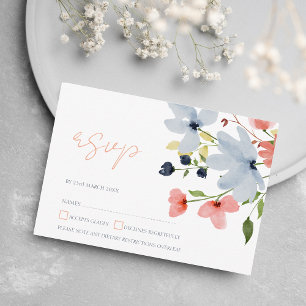 Tarjeta De Confirmación De Asistencia Boda floral simple boho azul y rosa