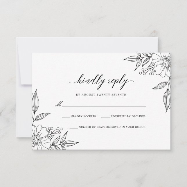 Tarjeta De Confirmación De Asistencia Boda floral simple y delgado negro (Anverso)
