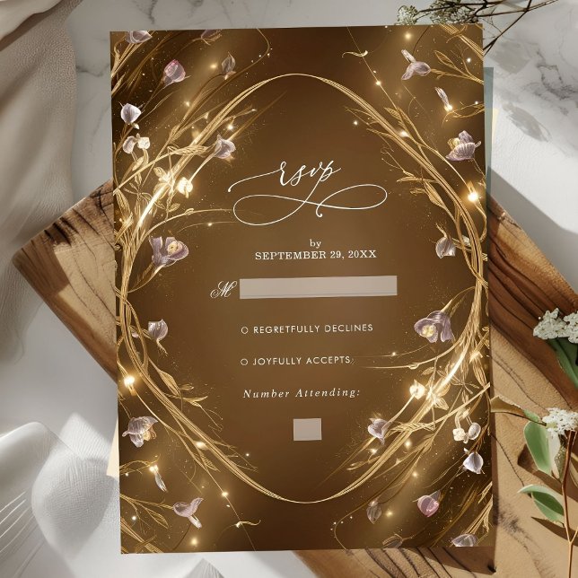 Tarjeta De Confirmación De Asistencia Boda floral Sparkly Golden Glam (Subido por el creador)