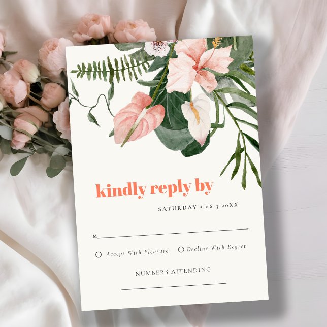 Tarjeta De Confirmación De Asistencia Boda Floral Tropical Vibrante Peach Rubor Boho (Subido por el creador)
