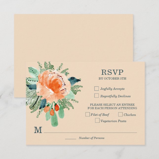 Tarjeta De Confirmación De Asistencia Boda floral Verde azulado de Peach Jade (Anverso / Reverso)