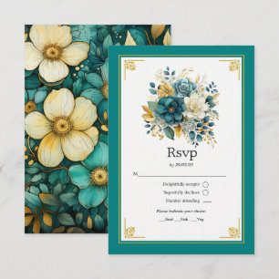 Tarjeta De Confirmación De Asistencia Boda floral verde azulado y dorado