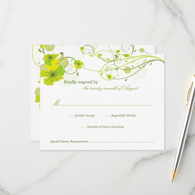 Tarjeta De Confirmación De Asistencia Boda Floral Verde Hibiscus Swirls (Anverso/Reverso In Situ)