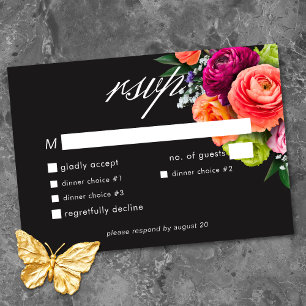 Tarjeta De Confirmación De Asistencia Boda floral vibrante rosa negro de lujo melancólic