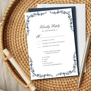 Tarjeta De Confirmación De Asistencia Boda Floral Vintage de Navy Blue Elegant