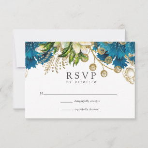 Tarjeta De Confirmación De Asistencia Boda Floral Vintage Turquesa y Dorado Desgastado