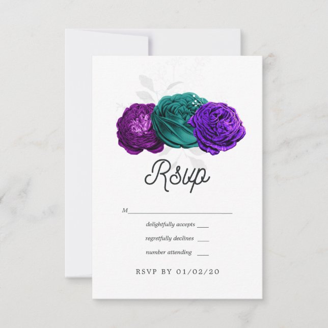 Tarjeta De Confirmación De Asistencia Boda floral violeta y turquesa rusa (Anverso)