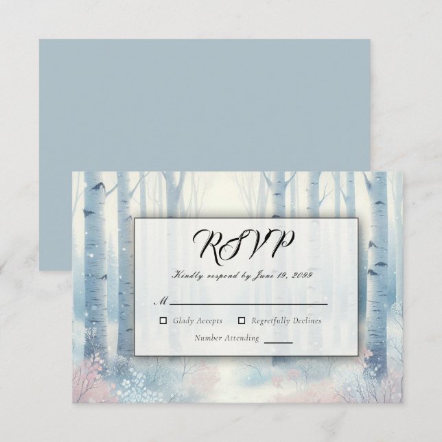 Tarjeta De Confirmación De Asistencia Boda Forestal de Birch Azul Escarcha (Anverso / Reverso)