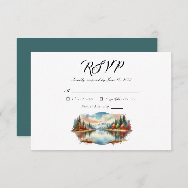 Tarjeta De Confirmación De Asistencia Boda Forestal Rustic Otumn Lakeside (Anverso / Reverso)