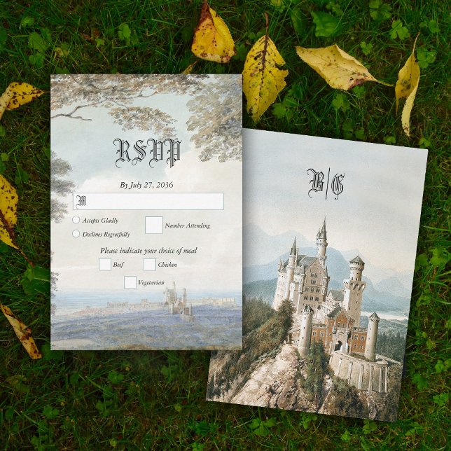 Tarjeta De Confirmación De Asistencia Boda Forestal Rústico Castillo de cuento de hadas (Vintage Fairytale Castle Rustic Forest Wedding RSVP Card)