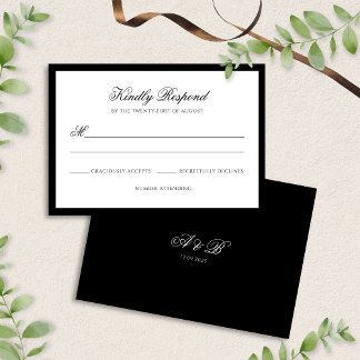 Tarjeta De Confirmación De Asistencia Boda formal de guiones de borde blanco y negro