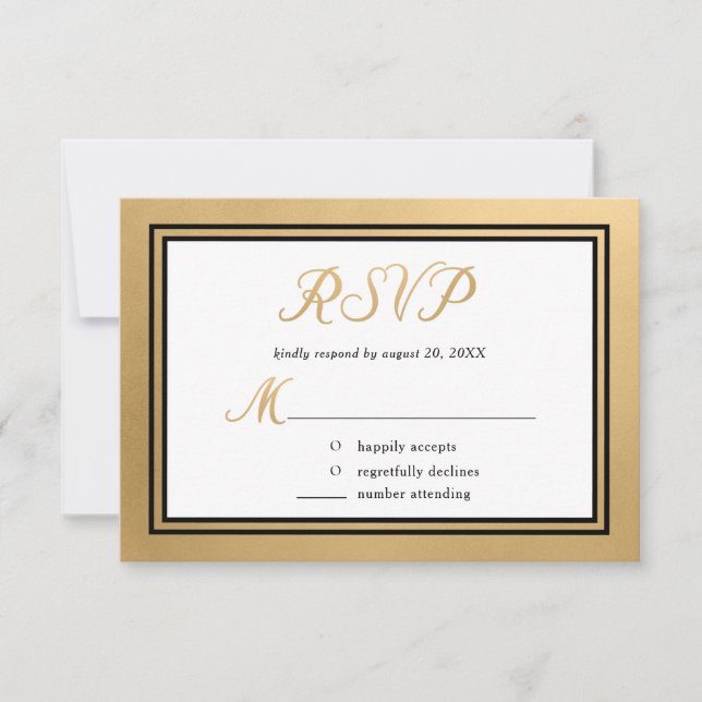 Tarjeta De Confirmación De Asistencia Boda formal dorado negro (Anverso)