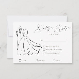 Tarjeta De Confirmación De Asistencia Boda Formal Minimalista Blanco Negro Script