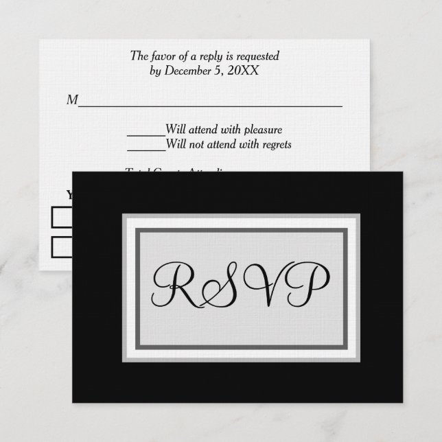 Tarjeta De Confirmación De Asistencia Boda formal Plata blanca negra (Anverso / Reverso)