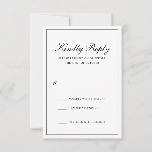 Tarjeta De Confirmación De Asistencia Boda Formal Tradicional Clásica en Blanco y Negro (Anverso)