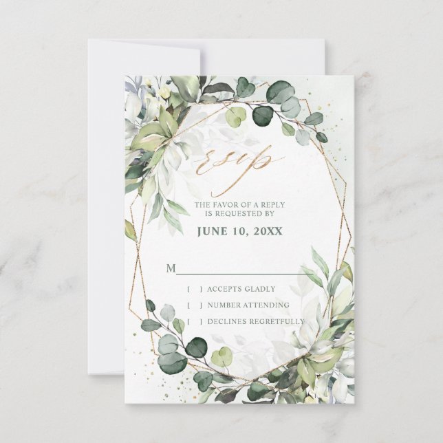 Tarjeta De Confirmación De Asistencia Boda geométrica moderna con verde de eucalipto y s (Anverso)