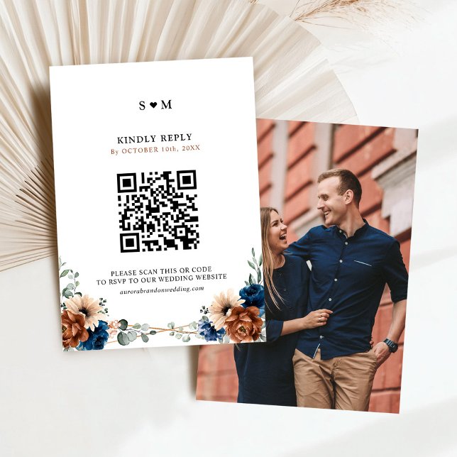 Tarjeta De Confirmación De Asistencia Boda geométrico de Terracotta Navy Blue Greenery (Terracotta Navy Blue Greenery Geometric Wedding photo on back RSVP Card)