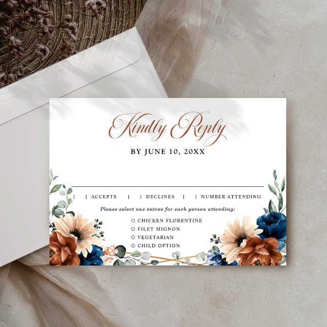 Tarjeta De Confirmación De Asistencia Boda geométrico de Terracotta Navy Blue Greenery (Terracotta Navy Blue Greenery Geometric Wedding RSVP Card)