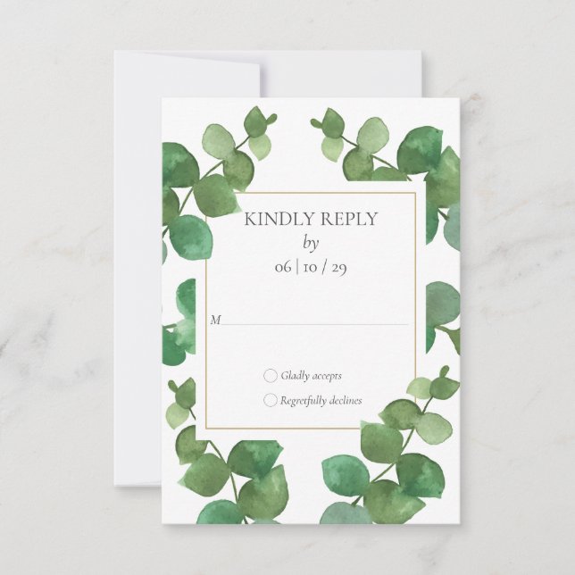 Tarjeta De Confirmación De Asistencia Boda geométrico Eucalyptus Greenery Gold (Anverso)