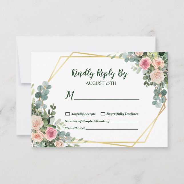 Tarjeta De Confirmación De Asistencia Boda geométrico Eucalyptus Rubor Pink Gold (Anverso)