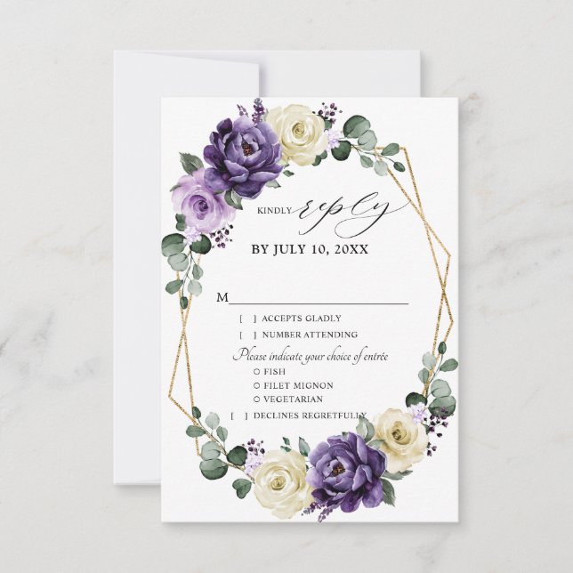 Tarjeta De Confirmación De Asistencia Boda Geométrico Floral Purple Plum Ivory Gold (Anverso)
