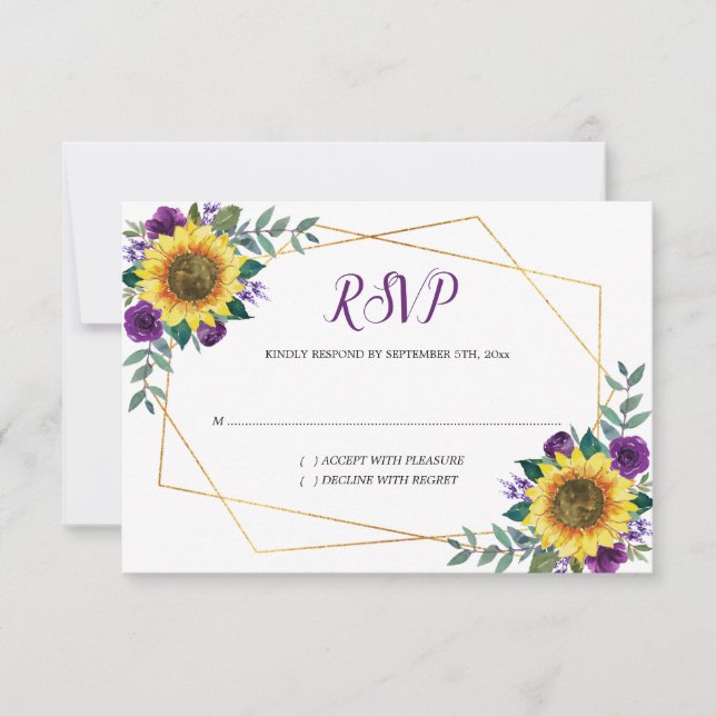 Tarjeta De Confirmación De Asistencia Boda Geométrico Floral Púrpura de Girasol (Anverso)