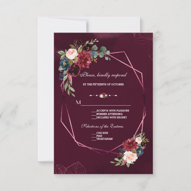 Tarjeta De Confirmación De Asistencia Boda Geométrico Floral Royal Burgundy Rubor (Anverso)