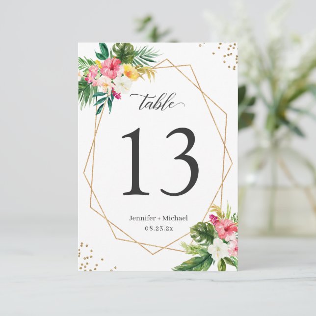 Tarjeta De Confirmación De Asistencia Boda geométrico floral tropical Números de tabla (Anverso de pie)