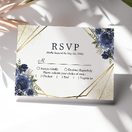Tarjeta De Confirmación De Asistencia Boda Geométrico Navy Blue Floral Gold