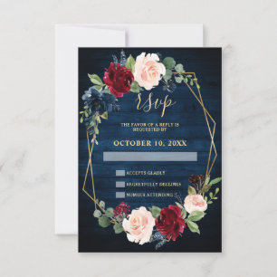 Tarjeta De Confirmación De Asistencia Boda Geométrico Navy Blue Rubor Burgundy Gold