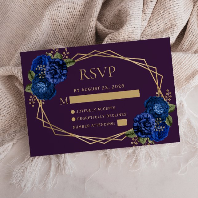Tarjeta De Confirmación De Asistencia Boda Geométrico Purple Royal Floral Gold (Subido por el creador)