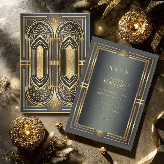 Tarjeta De Confirmación De Asistencia Boda Glam Art Deco Black/Gold ID1033 (Subido por el creador)