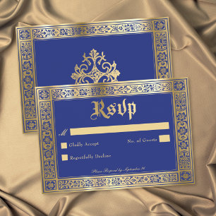 Tarjeta De Confirmación De Asistencia Boda Gótica Azul Dorado Medieval Hasta la Muerte