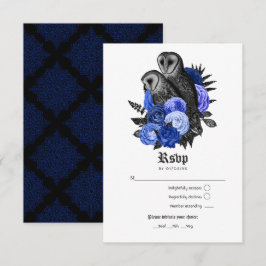 Tarjeta De Confirmación De Asistencia Boda Gótica de Búhos Azul Real Vintage