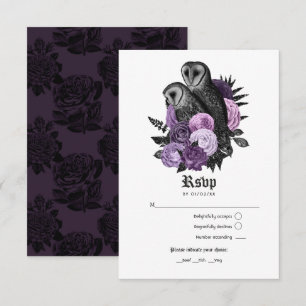 Tarjeta De Confirmación De Asistencia Boda Gótica de Búhos Purpura Glam Vintage