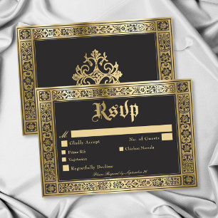 Tarjeta De Confirmación De Asistencia Boda Gótica Medieval de Negro y Oro Hasta la Muert