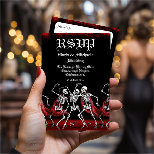 Tarjeta De Confirmación De Asistencia Boda gótico de esqueletos de danza de muerte roja