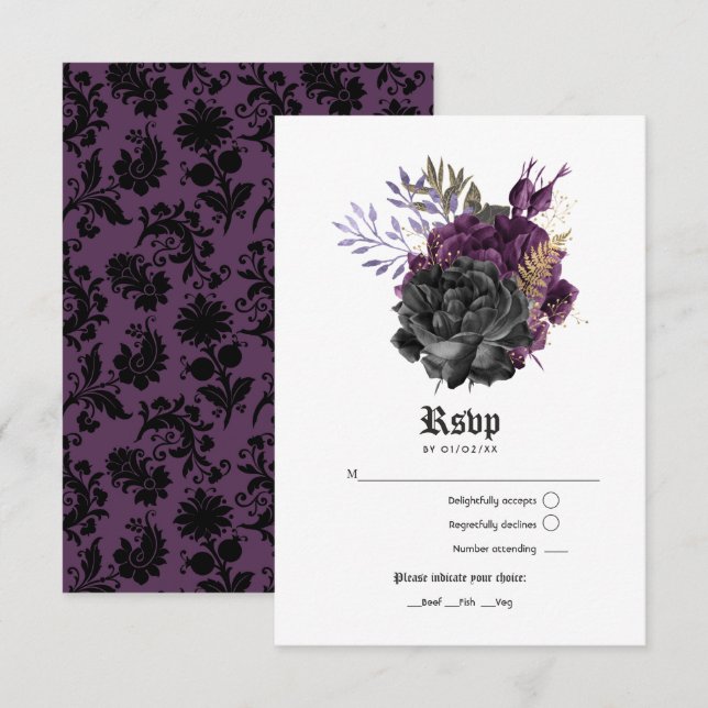 Tarjeta De Confirmación De Asistencia Boda gótico floral Black Purple Gold (Anverso / Reverso)