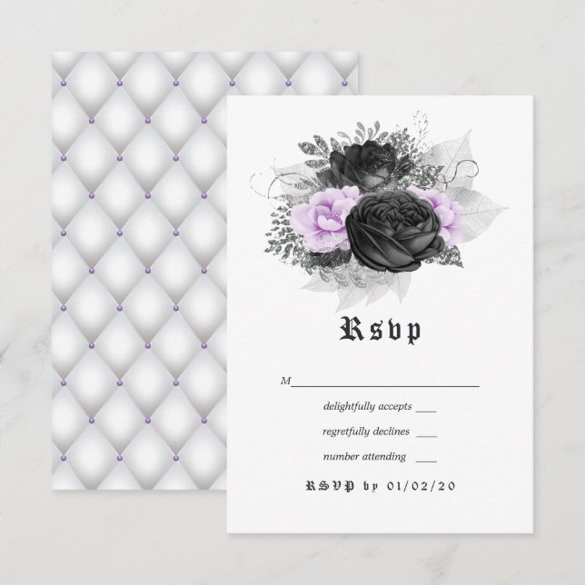 Tarjeta De Confirmación De Asistencia Boda gótico floral morado negro y plateado (Anverso / Reverso)